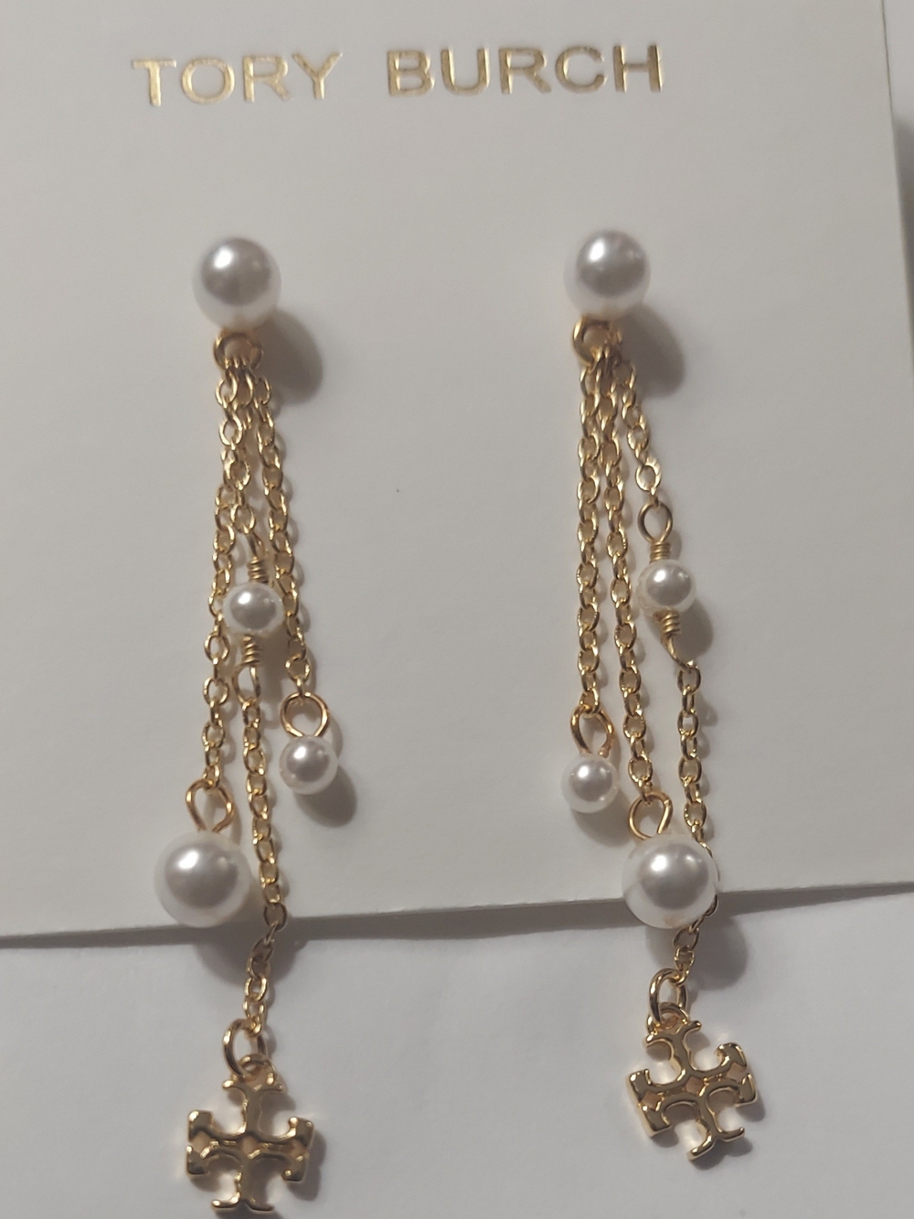 Tory Burch Gold and White Pearl Chain Drop Earrings with Logo Dangles